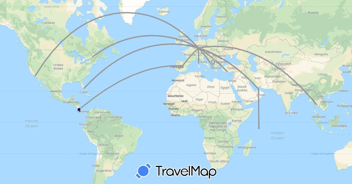 TravelMap itinerary: driving, plane in United Arab Emirates, Canada, Costa Rica, Germany, Spain, France, United Kingdom, Greece, Romania, Seychelles, Thailand, Turkey, United States (Africa, Asia, Europe, North America)